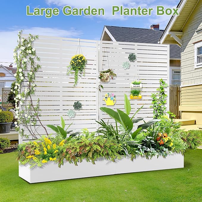 Trellis for Climbing Plants Outdoor，Mental Garden Bed with Drainage Holes Outdoor Privacy Screen Design Tall planters for herb Flower Vegetables 73"x47"x16", White-Louvered