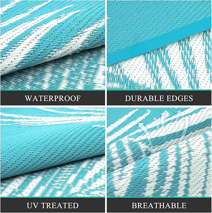 Pauwer Waterproof Outdoor Rug 9x12, Reversible Plastic Straw Patio Camping Rug, Indoor Outdoor RV Mat Carpet for Deck, Camper, Porch, Balcony, Backyard, Picnic, Leaf Teal