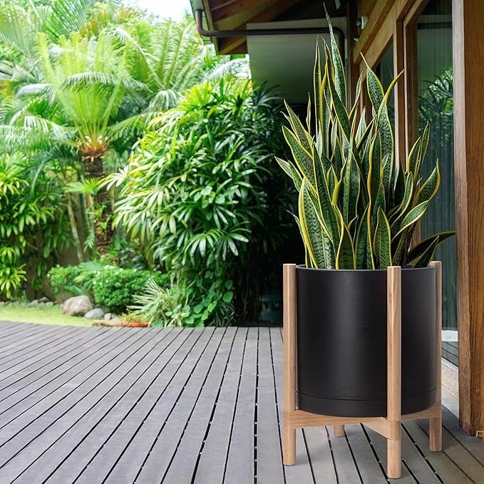 D'vine Dev Planter Pot with Stand - 16 Inch Plastic Cylinder Flower Pot with Wood Planter Holder for Indoor, Matte Black Pot + Natural Stand, 55-C-Y-2