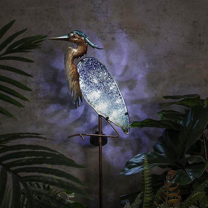 TERESA'S COLLECTIONS Blue Heron Garden Decor for Outside Solar Lights, 39" Glass Lawn Ornaments with Outdoor Lights Decorative Stake, Yard Art Decorations Outdoor for Patio Gifts for Mom Grandma