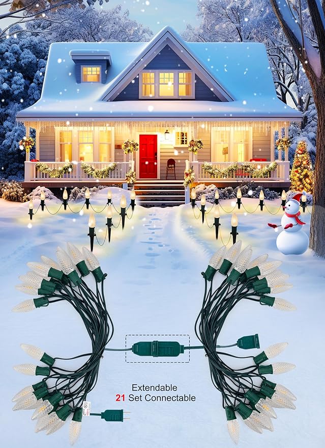 C9 Christmas String Lights Outdoor - 20 LED Pathway Light with Strawberry Shell and Stake Connectable Warm White High Voltage Waterproof for Driveways Xmas Holiday Patio Decoration