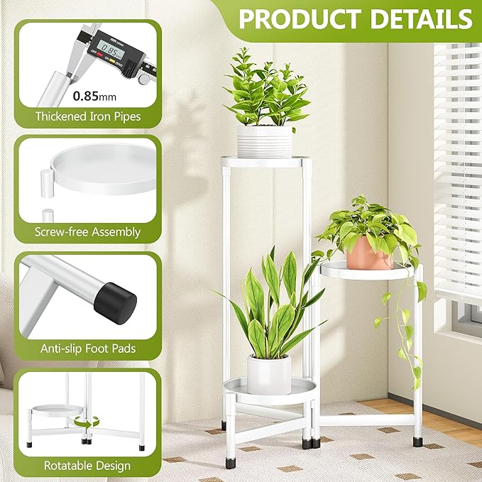 3 Tier Metal Plant Stand Indoor, Rotatable Corner Plant Shelf Outdoor, Tiered Flower Pot Display Stand, Multiple Plants Holder for Patio Living Room Balcony Garden Home Decor - White