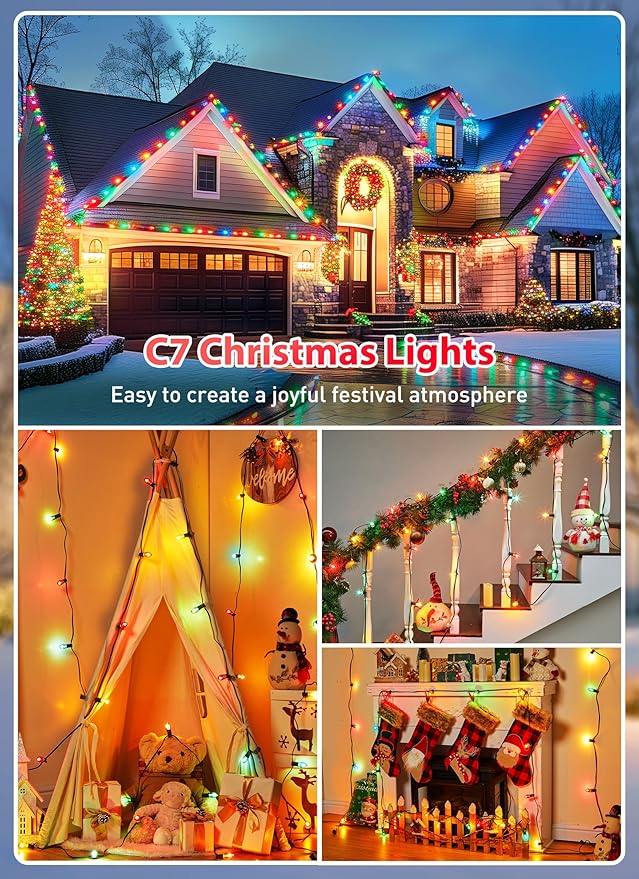 C7 Multicolor Christmas String Light Set, 25ft Vintage Christmas Tree Lights, Outdoor Roofline String Lights with 25 Bulbs for Patio Garden Holiday Indoor Wedding Home Decorating, Green Wire