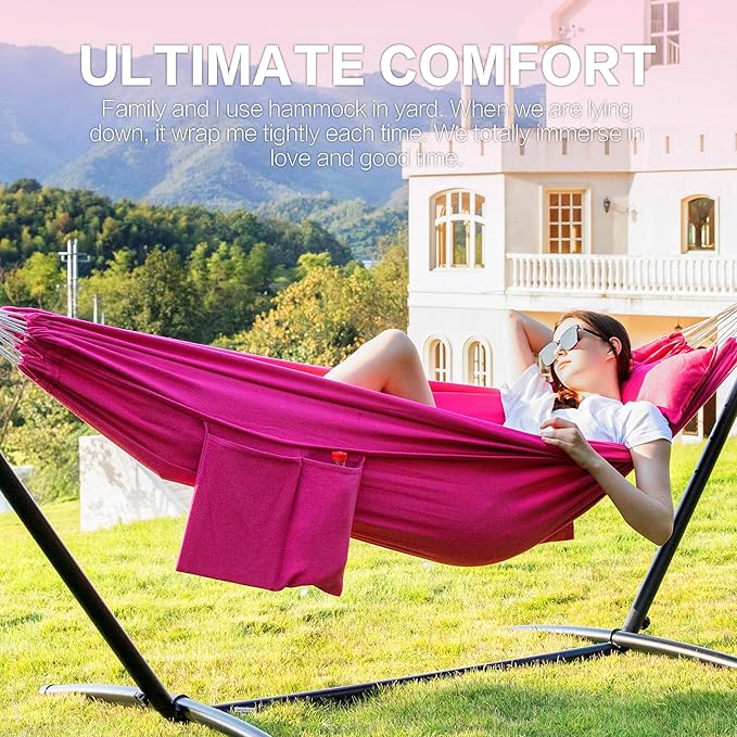 PNAEUT Double Hammocks with Stand for Outside, Portable Space Saving Heavy-Duty Steel Stand for Indoor Outdoor Patio with Carrying Bag, 450 lbs Capacity (Rose Pink)
