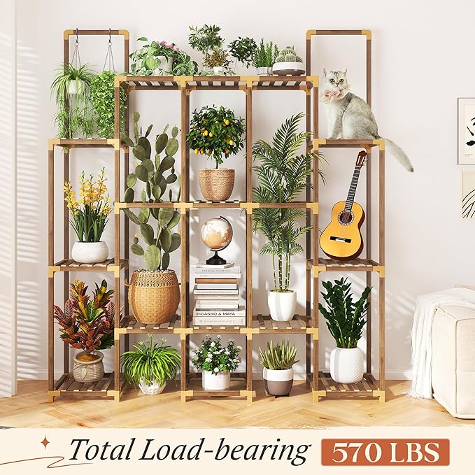 EnHomee Plant Stand Indoor for Multiple Plants with 13 Potted & Double Rod for Hanging Plant Shelf Load-Bearing 570 LBS Wood Plants Shelves 56''W*11.6''D*47''H Transformable