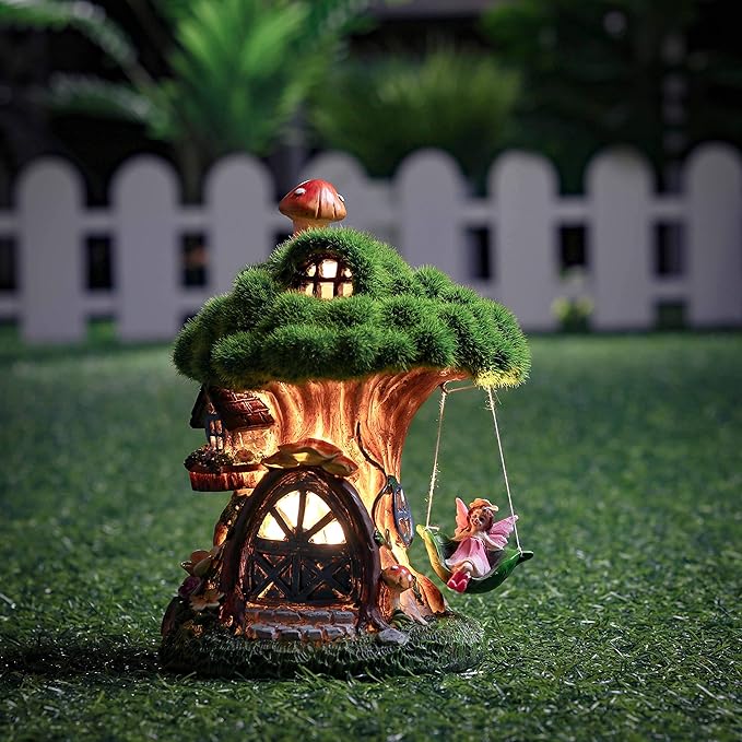 TERESA'S COLLECTIONS Fairy House Outdoor Statues with Solar Light for Garden Decor, Green Moss Resin Outdoor Cottage with Swinging Fairy, Lawn Ornaments Yard Decor Gifts for Mom Women, 8"