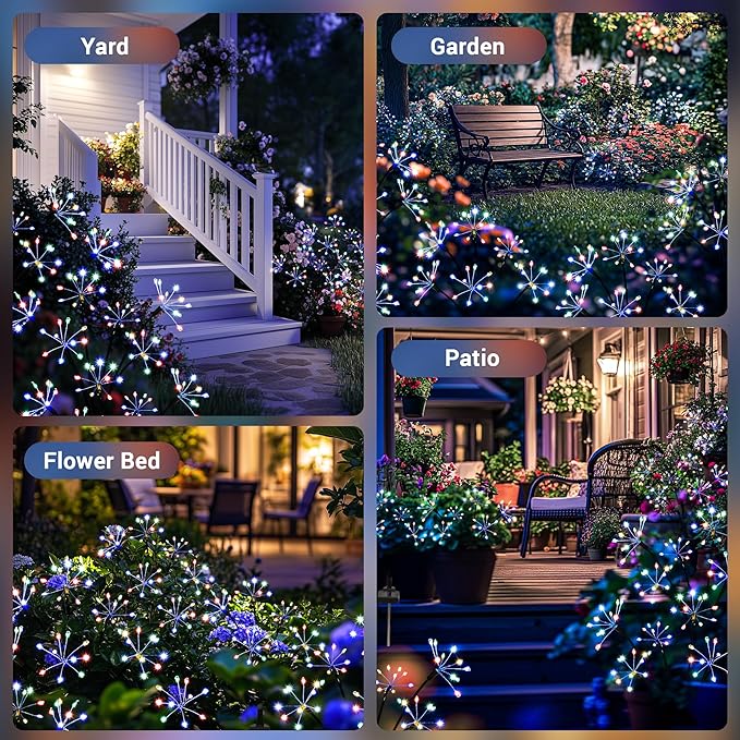 Solar Garden Decor Lights Outdoor, Solar Powered Lights Waterproof for Yard Patio Porch Flowerbed, Fairy Gardening Supplies Gifts Firwork(2 Pack Multi-Colored)