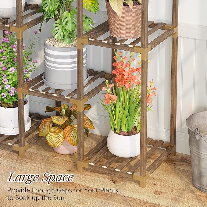 EnHomee Double Rod Tiered Plant Stand Indoor Wood Plant Shelves for Multiple Plants Stands with 8 Potted Load-Bearing 360 LBS 34.2''W*11.8''D*47.4''H