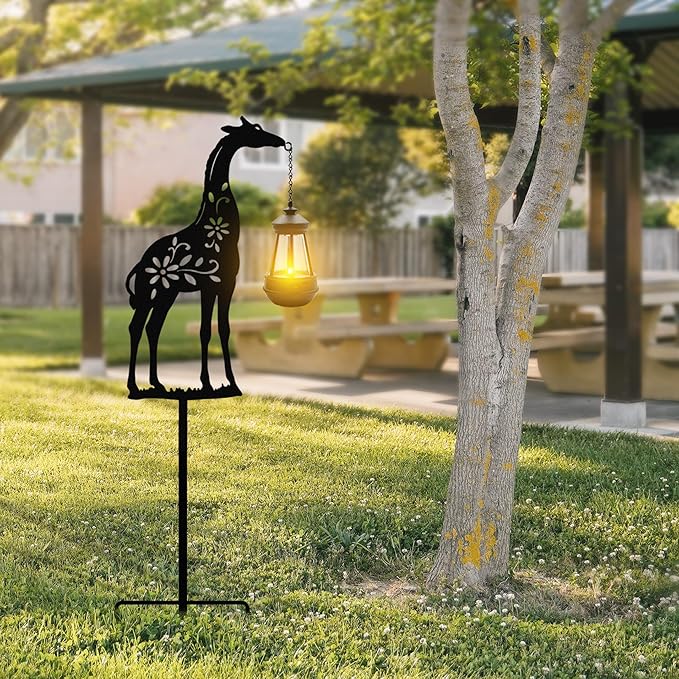 Solar Giraffe Garden Stakes Outdoor Solar Decor Metal Giraffe Holding Solar Lantern Decorative Garden Metal Animal Stakes Outdoor Giraffe Silhouette Stakes