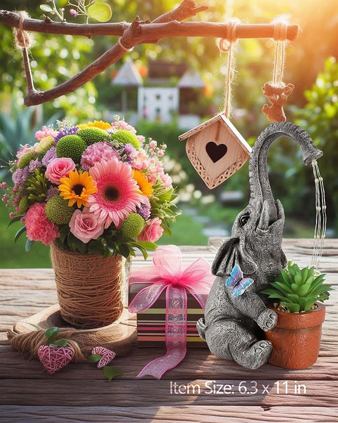 Solar Powered Resin Elephant Garden Statue with Water Fountain Light - Durable Outdoor Decor for Patio and Lawn - Unique Elephant Gift for All Ages