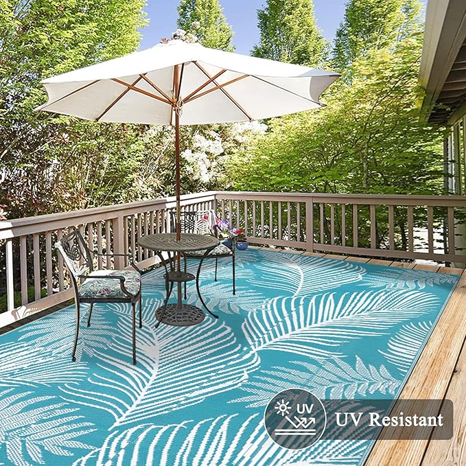 Pauwer Waterproof Outdoor Rug 6x9, Reversible Plastic Straw Patio Camping Rug, Indoor Outdoor RV Mat Carpet for Deck, Camper, Porch, Balcony, Backyard, Picnic, Leaf Teal