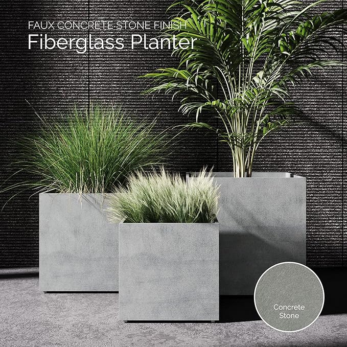 Reglito Cube Planter – Fiberglass Indoor/Outdoor and Weather-Resistant Large Planter (Concrete Stone, 35.4" L x 35.4" W x 36" H)