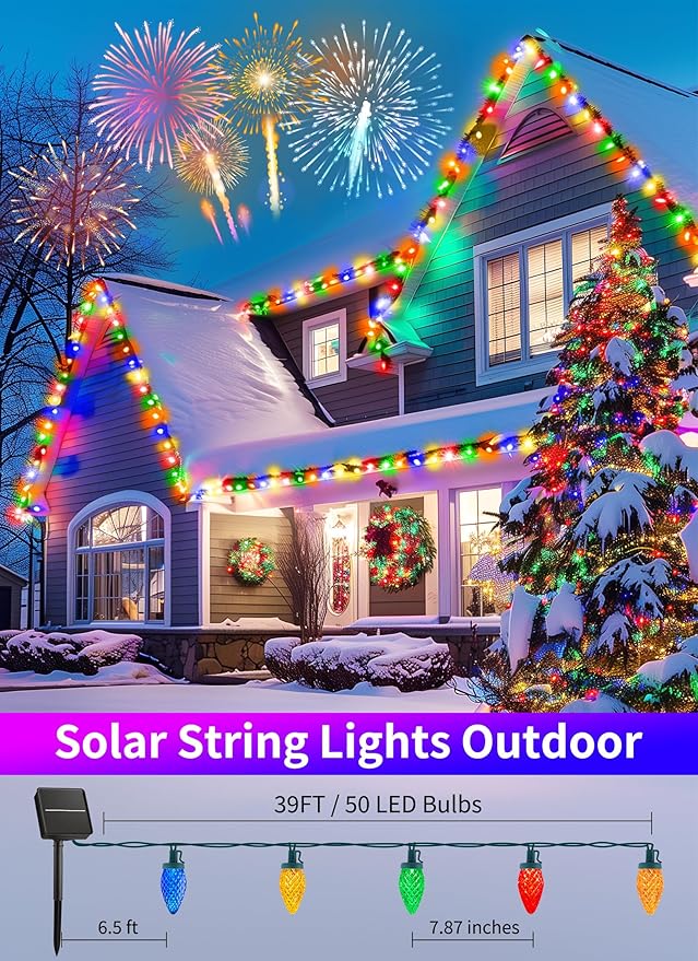 Solar Christmas Lights Outdoor, 2 Pack 50 LED C9 Strawberry String With Timer & 8 Modes, Waterproof Solar Christmas Tree for Outside Garden Patio Party Decor, Multicolor