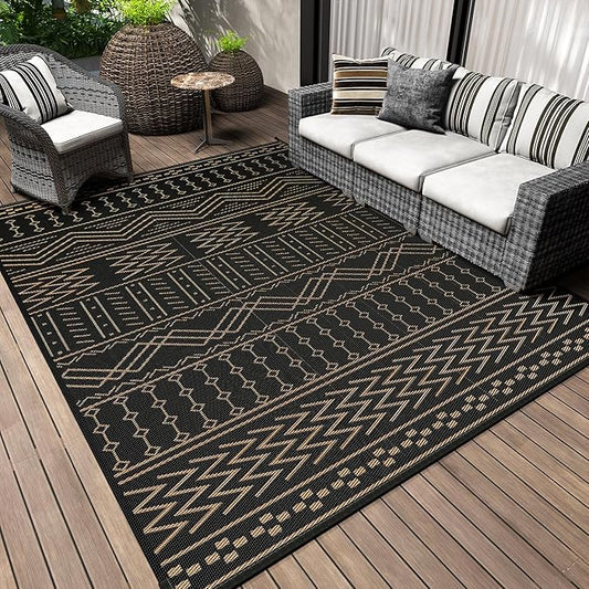 Outdoor Rug Carpet Waterproof 8x10 ft Patio Rug Mat Indoor Outdoor Area Rug for RV Camping Picnic Reversible Lightweight Plastic Straw Outside Rug for Patio Decor Decoration Boho Rug Black Brown