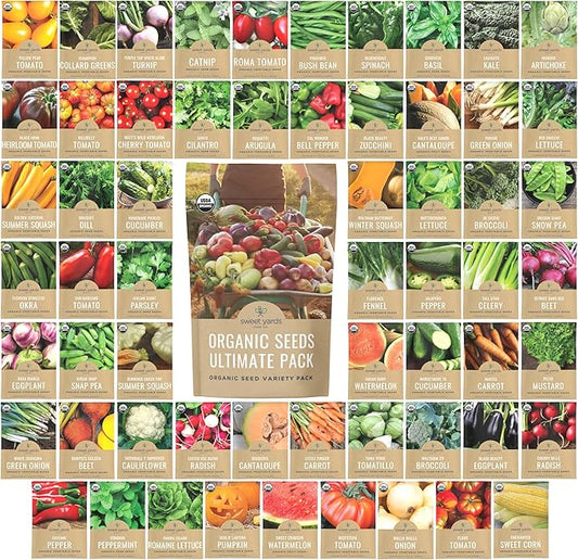 Organic Seeds Ultimate Variety Pack - 60 Individual Packs - 2025 Season - Geonvese Basil, Nantes Carrot, Roquette Arugula and More! for Indoor & Outdoor Planting (Non-GMO, Certified Organic)