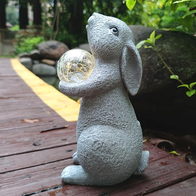 Solar Rabbit Statue Garden Decor -Rabbit Lover Gifts, with Gazing Solar LED Lights Ball Bunny Decoration for Garden Yard Patio Lawn Balcony - Gifts for Mom Grandma