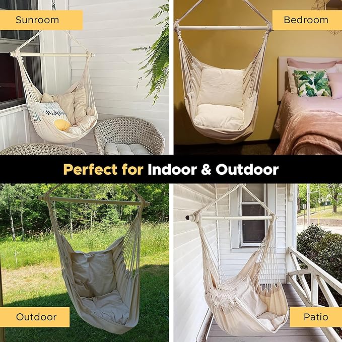 ADVOKAIR Hammock Chair Swing (500 lbs Max-2 Cushions) - Hanging Hammock Chair Rope Swing Indoor for Bedroom, Outdoor, Patio, Bedroom, Porch, Deck - Sturdy Steel Bar with Anti-Slip Safety Rings