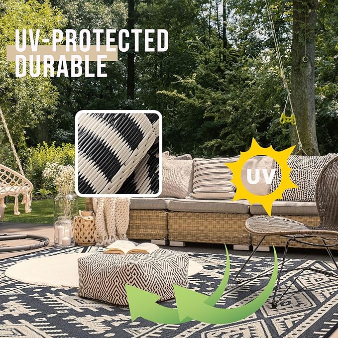 OLANLY Outdoor Rug Waterproof 9x12 ft, Reversible Outdoor Plastic Straw Rug, Boho Patio Rug, Indoor Outdoor Carpet, RV Mat Outside for Patio, Camp, Picnic, Balcony, Deck, Backyard, Black & Beige