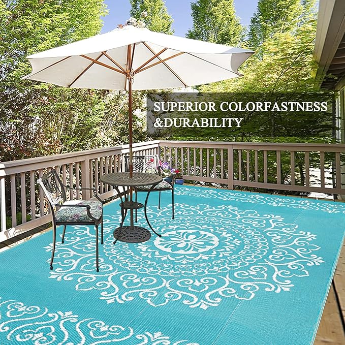 Pauwer Waterproof Outdoor Rug 8x10, Reversible Plastic Straw Patio Camping Rug, Indoor Outdoor RV Mat Carpet for Deck, Camper, Porch, Balcony, Backyard, Picnic, Floral Teal