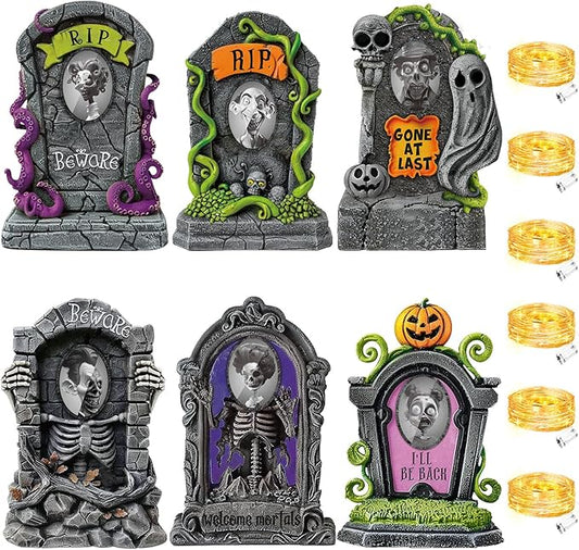 Hiboom 6 Set Large Halloween 3D Changing Face Rip Graveyard Tombstones and 23.6x15.7 Inch Halloween Skeleton Headstone 6 Pcs LED String Lights Halloween Decoration for Yard Garden Lawn