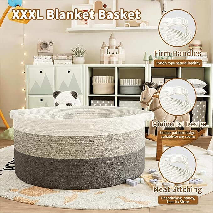 125L Extra Large Blanket Basket, 25" x 16", Jumbo Laundry Woven Baskets Decorative Home, Cotton Rope Basket with Handles, Baby Toy Baskets for Storage, Gradual Gray, 2PC