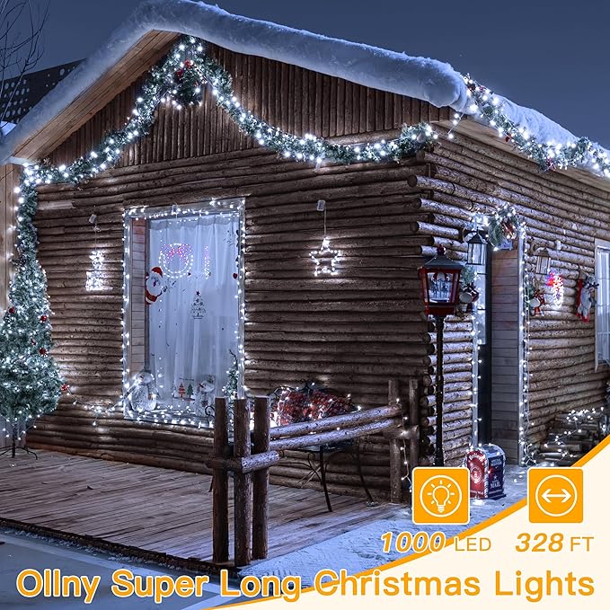 Ollny Christmas Lights Outdoor Waterproof, 1000LED 328FT Super Long String Lights with Remote 3 Timer, Plug in 8 Modes Fairy Light for Outside House Bedroom Xmas Decorations, Cool White