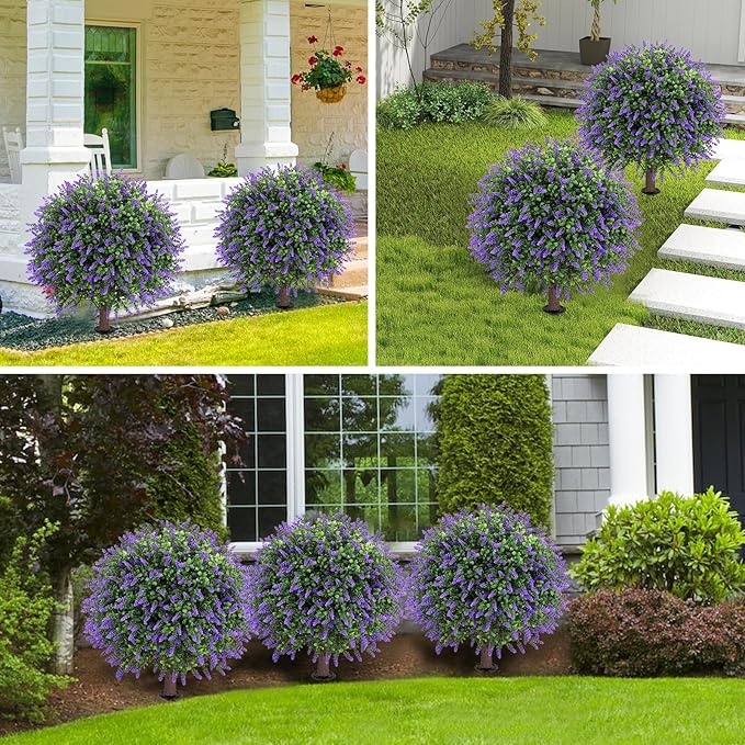 Artificial Lavender Topiary Ball Tree 25" with Ground Spike, Set of 2 Artificial Boxwood Bushes for Faux Shrubs, Fake Evergreen Faux Plant for Indoor Outdoor Porch Garden -UV Resistant–Fade-Proof