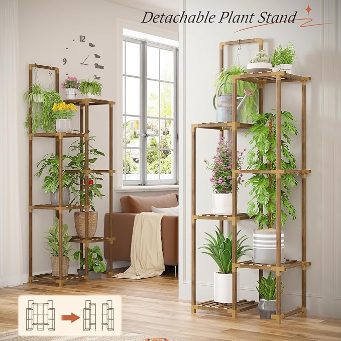 EnHomee Plant Stand Indoor for Multiple Plants with 13 Potted & Double Rod for Hanging Plant Shelf Load-Bearing 570 LBS Wood Plants Shelves 56''W*11.6''D*47''H Transformable