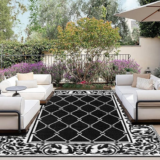 OutdoorLines Indoor Outdoor Rugs for Patio 6x9 ft - Reversible Outside Carpet, Stain & UV Resistant Portable RV Mats, Plastic Straw Rug for Camping, Pool Deck, Porch Rhombus Black & White