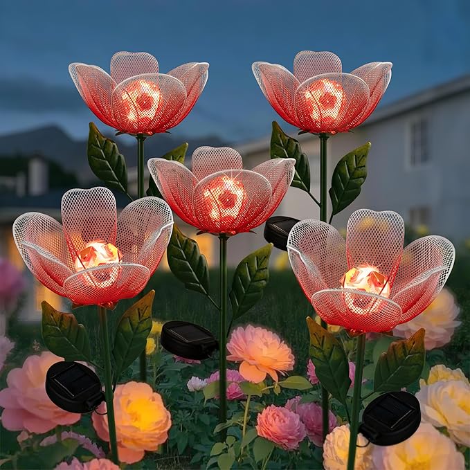 Solar Lights Outdoor Garden, 2 Pack Solar Powered Metal Flowers LED Breathing Light Waterproof,Solar Flowers for Outside Patio Lamp,Garden Gifts for Women,Landscape Lighting,Yard Pathway Decor