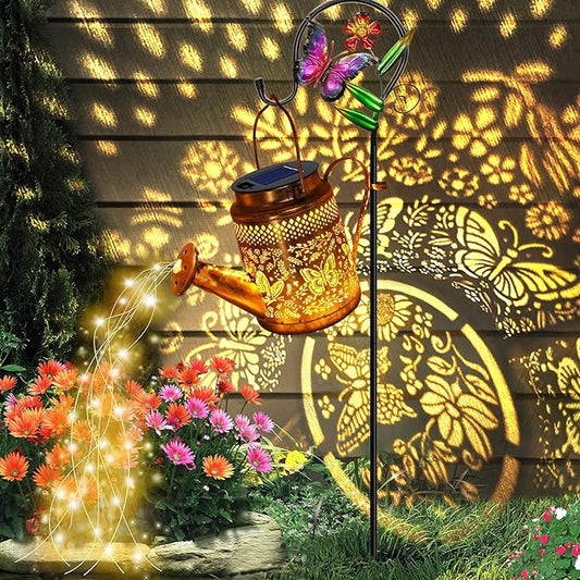 Solar Powered Butterfly Watering Can Lights Waterproof Outdoor Garden Decor with Shepherd Hook Hanging Patio Lights for Yard, Porch, Backyard Perfect Gardening & Birthday Gift for Women, Mom, Grandma