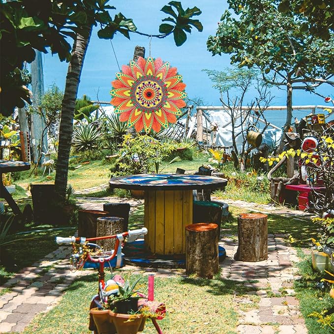 Wind Spinner Colorful Sunflower 12 inch 3D Stainless Steel Laser Cut Metal Double Sided Printing-Hanging Indoor/Outdoor Decorations Yard Gardening Decor,Metal Kinetic Art Ornament Gifts