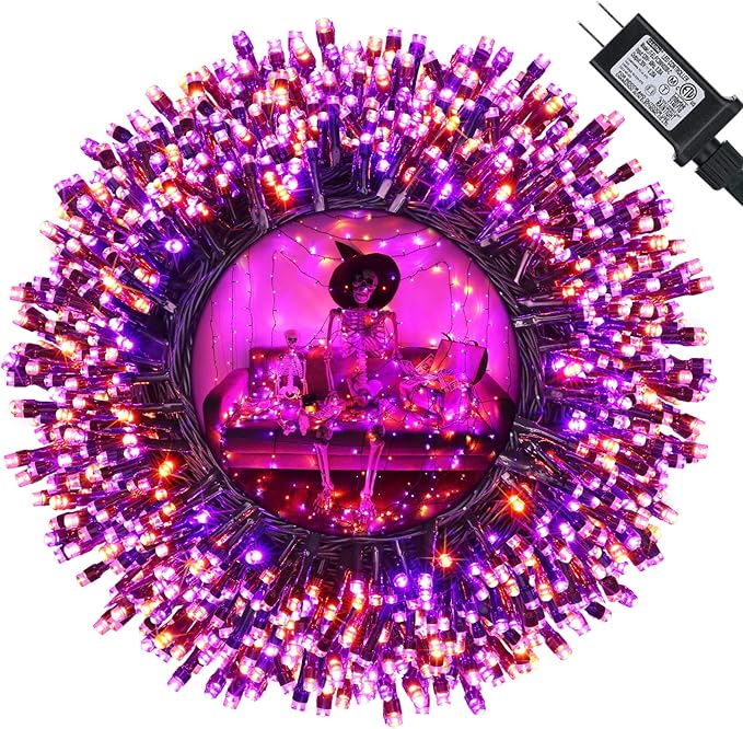 Orange and Purple Fairy Lights, 114ft 300 LED String Lights with 8 Modes, Waterproof Plug in for Indoor/Outdoor Halloween Party Decor