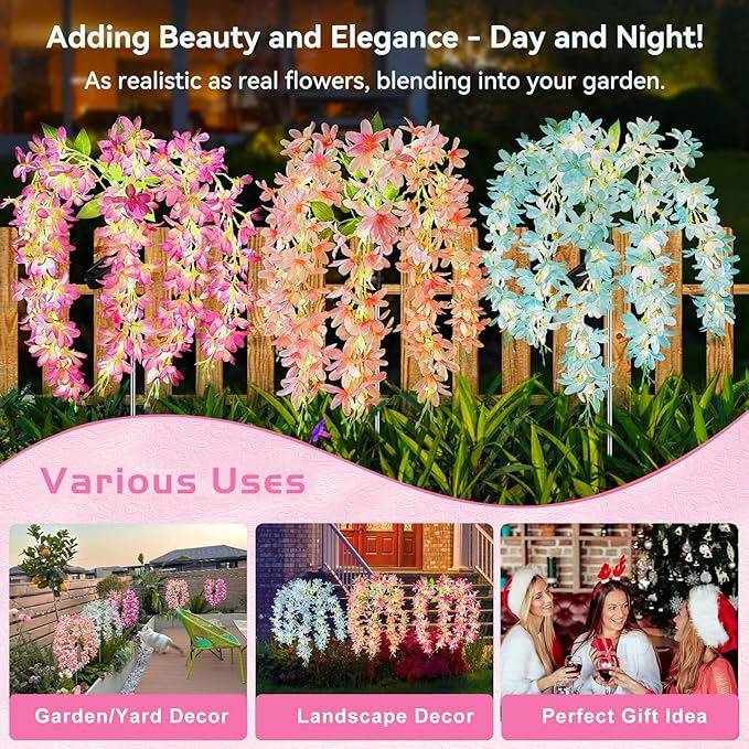 Neporal Solar Flowers Outdoor Waterproof IP65, 5 Lilac Flower Vines with 140+ Flowers, Warm Light & 2 Lightning Modes, 6PK Blue/Pink/Purple Solar Garden Lights Outdoor for Garden, Yard, Pathway Decor