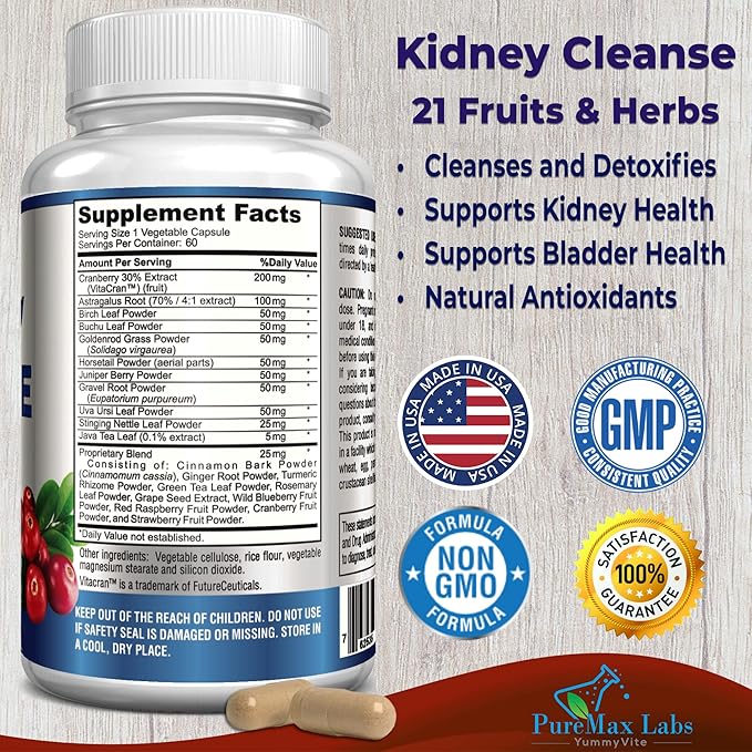 Herbal Kidney Cleanse with Cranberry Extract, Astralagus 21 Fruits 60 Vegan