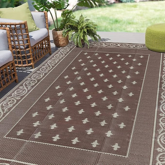 Pauwer Waterproof Outdoor Rug 6x9, Reversible Plastic Straw Patio Camping Rug, Indoor Outdoor RV Mat Carpet for Deck, Camper, Porch, Balcony, Backyard, Picnic, Bordered Brown