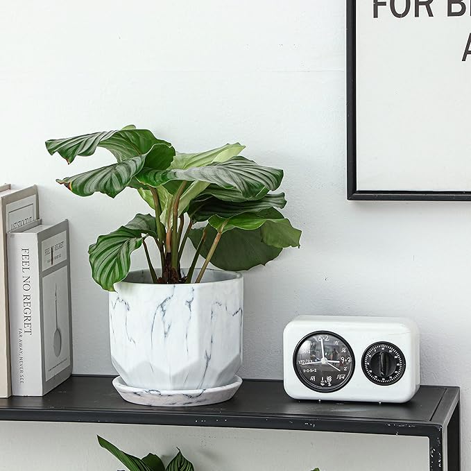 Large 7 Inch Marble White Plant Pots Planters with Saucer Tray, Mesh Pad, Drainage Hole and Stopper, Hand Glazed Flower Pot, Garden Indoor Outdoor Planter, Modern Home Decor (Ceramic, White)