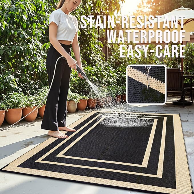 OLANLY Outdoor Rug 6x9 ft Waterproof, Reversible Outdoor Plastic Straw Rug, RV Mat, Indoor Outdoor Carpet Clearance for Patio, Camping, Balcony, Deck, Backyard, Black & Beige