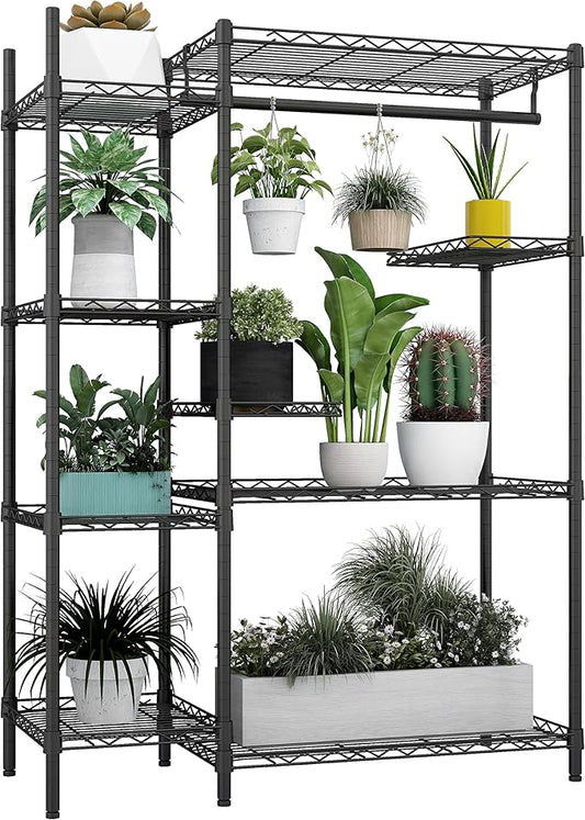 Xiofio Plant Stands for for Indoor Outdoor, Heavy Duty Metal Plant Stand,large Plant Shelf,Adjustable Plant Shelves With Hanging Rod for Living Room,Balcony,Garden,Black