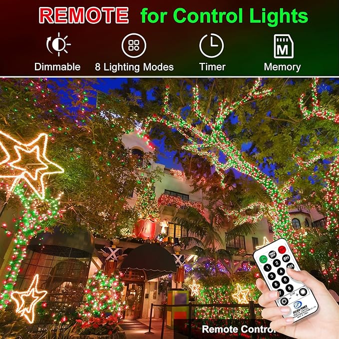 KNONEW 600ft 1500 LED String Lights Outdoor Christmas Lights 8 Modes & Timer Fairy Light Plug in Waterproof LED String Lights for Xmas Yard Tree Wedding Party Holiday Decorations (Red and Green)