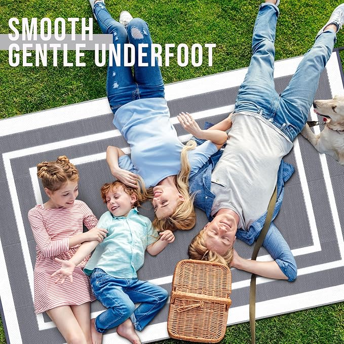 OLANLY Outdoor Rug 9x12 ft Waterproof, Reversible Outdoor Plastic Straw Rug, RV Mat, Indoor Outdoor Carpet Clearance for Patio, Camping, Balcony, Deck, Backyard, Grey & White