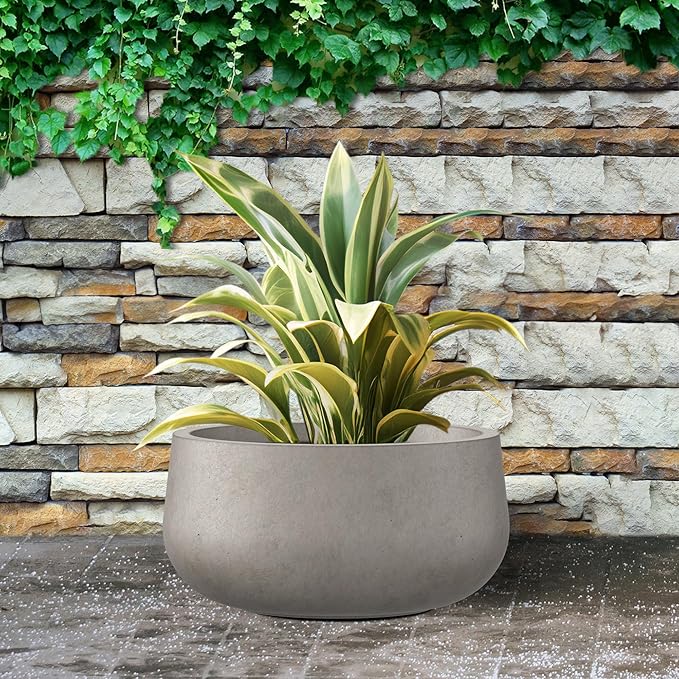 Kante 15.7" Dia Round Concrete Planter, Outdoor Indoor Garden Plant Pots with Drainage Hole and Rubber Plug, Modern Curvaceous Design, Weathered Concrete