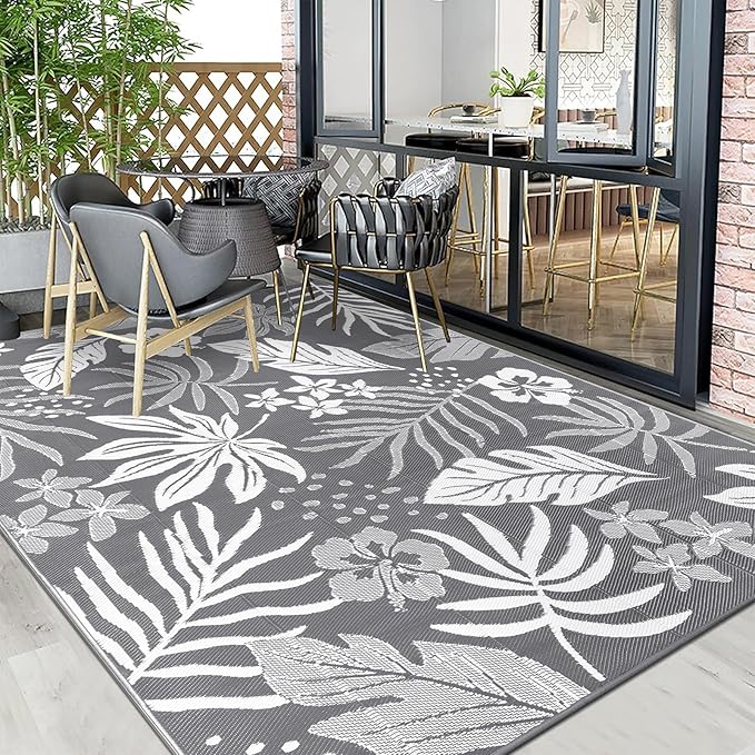 Pauwer Waterproof Outdoor Rug 9x12, Reversible Plastic Straw Patio Camping Rug, Indoor Outdoor RV Mat Carpet for Deck, Camper, Porch, Balcony, Backyard, Picnic, Floral Grey