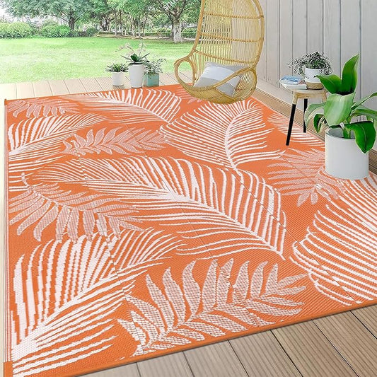 Pauwer Waterproof Outdoor Rug 8x10, Reversible Plastic Straw Patio Camping Rug, Indoor Outdoor RV Mat Carpet for Deck, Camper, Porch, Balcony, Backyard, Picnic, Leaf Orange