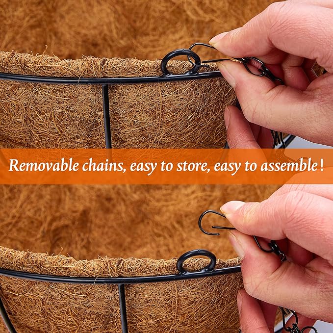 ZeeDix 2 Pack 14 Inch Metal Round Hanging Planter Basket with Coconut Liners Replacement, Hanging planters Baskets with Natural Coco Liner for Outdoor Indoor Planters Flowers Vegetables