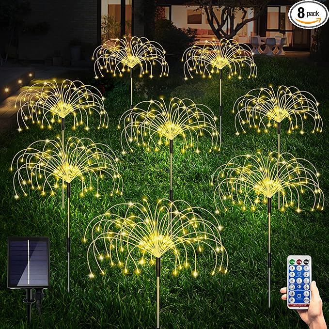 Maleyt Solar Garden Lights 8 Pack, Solar Powered Outdoor Decorative Lamps, 120 LED Solar Firework Lights with Remote Control, 8 Modes Waterproof DIY Landscape Lighting for Backyard Garden Decoration