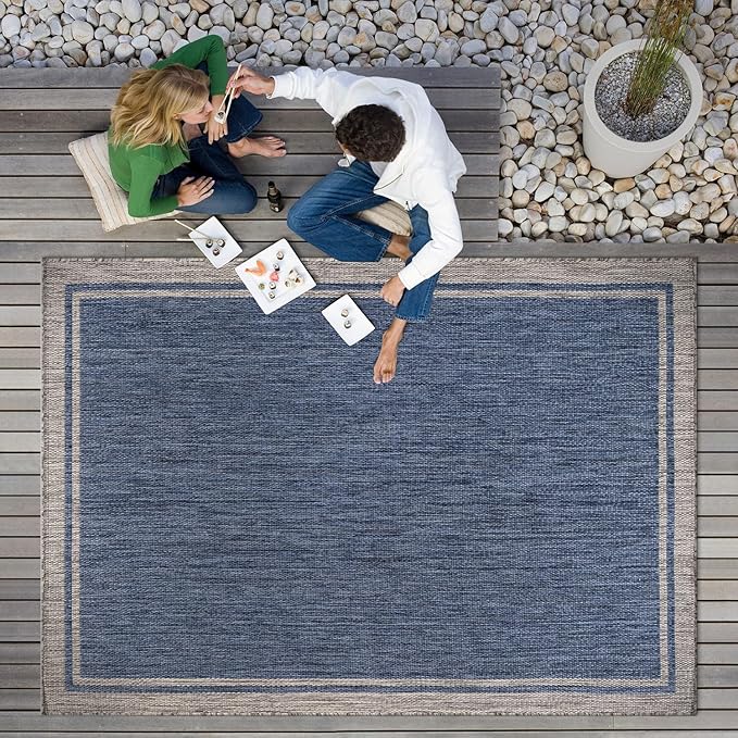 CAMILSON Outdoor Rug, 5x7 Bordered Navy Blue Gray Modern Area Rugs for Indoor and Outdoor Patios, Porches Waterproof Washable Porch Deck Outside Carpet (Bordered Navy, 5 x 7)