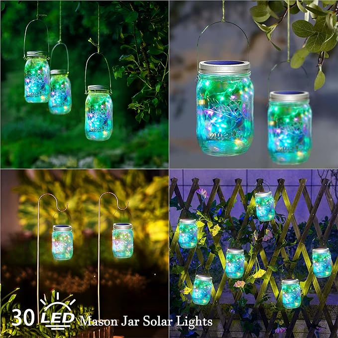 30 LED Solar Mason Jar Lights - 12 Pack with Hangers for Outdoor, Patio, Yard, Garden, Wedding Decorations