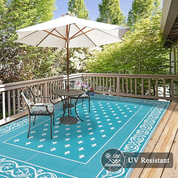 Pauwer Waterproof Outdoor Rug 9x12, Reversible Plastic Straw Patio Camping Rug, Indoor Outdoor RV Mat Carpet for Deck, Camper, Porch, Balcony, Backyard, Picnic, Bordered Teal