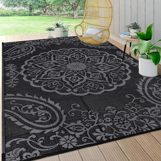 Pauwer Waterproof Outdoor Rug 6x9, Reversible Plastic Straw Patio Camping Rug, Indoor Outdoor RV Mat Carpet for Deck, Camper, Porch, Balcony, Backyard, Picnic, Boho Black Grey